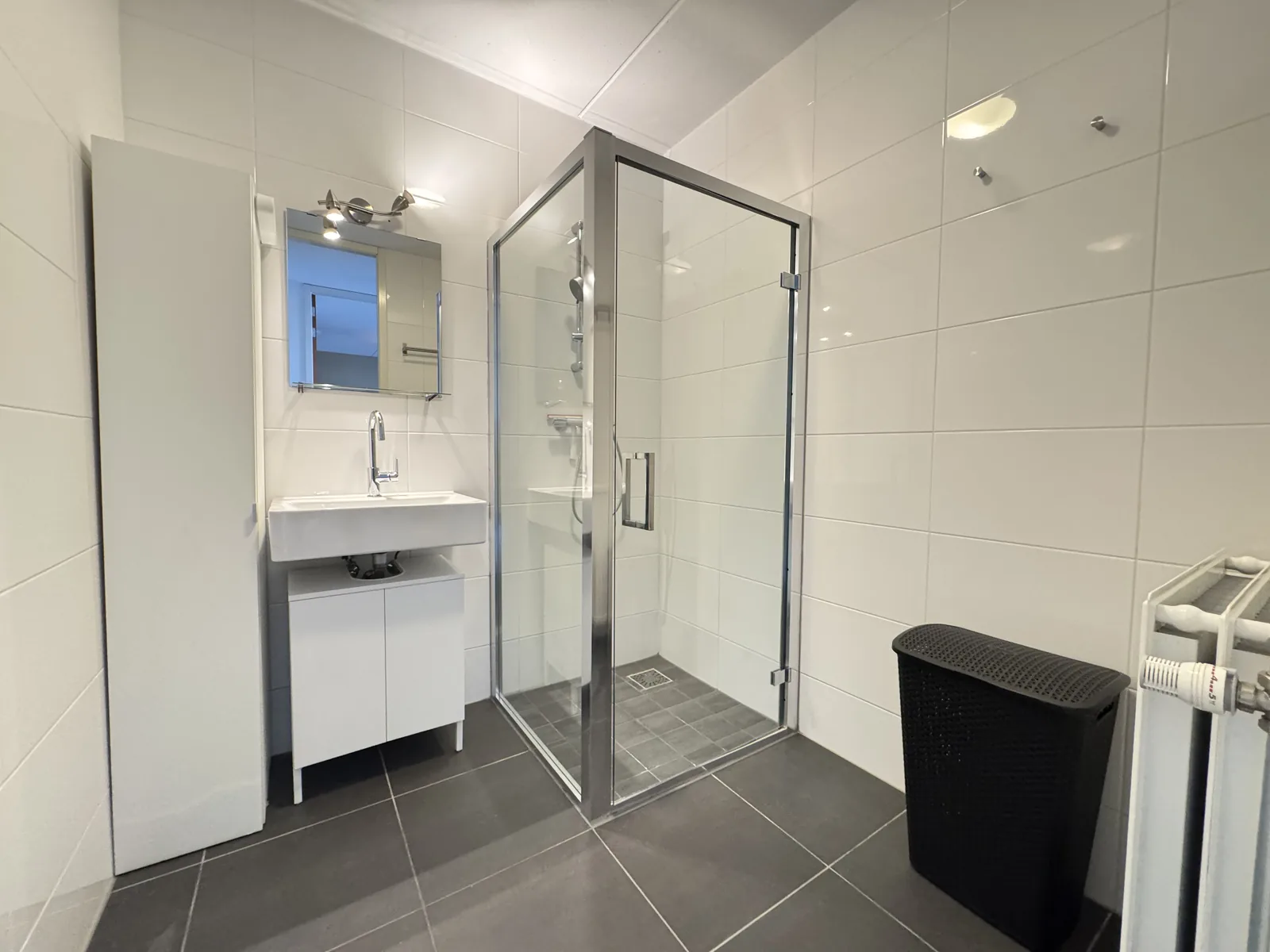 Modern bathroom with glass shower cabin, white vanity unit, and grey tile floor in Utrecht Vredenburg apartment