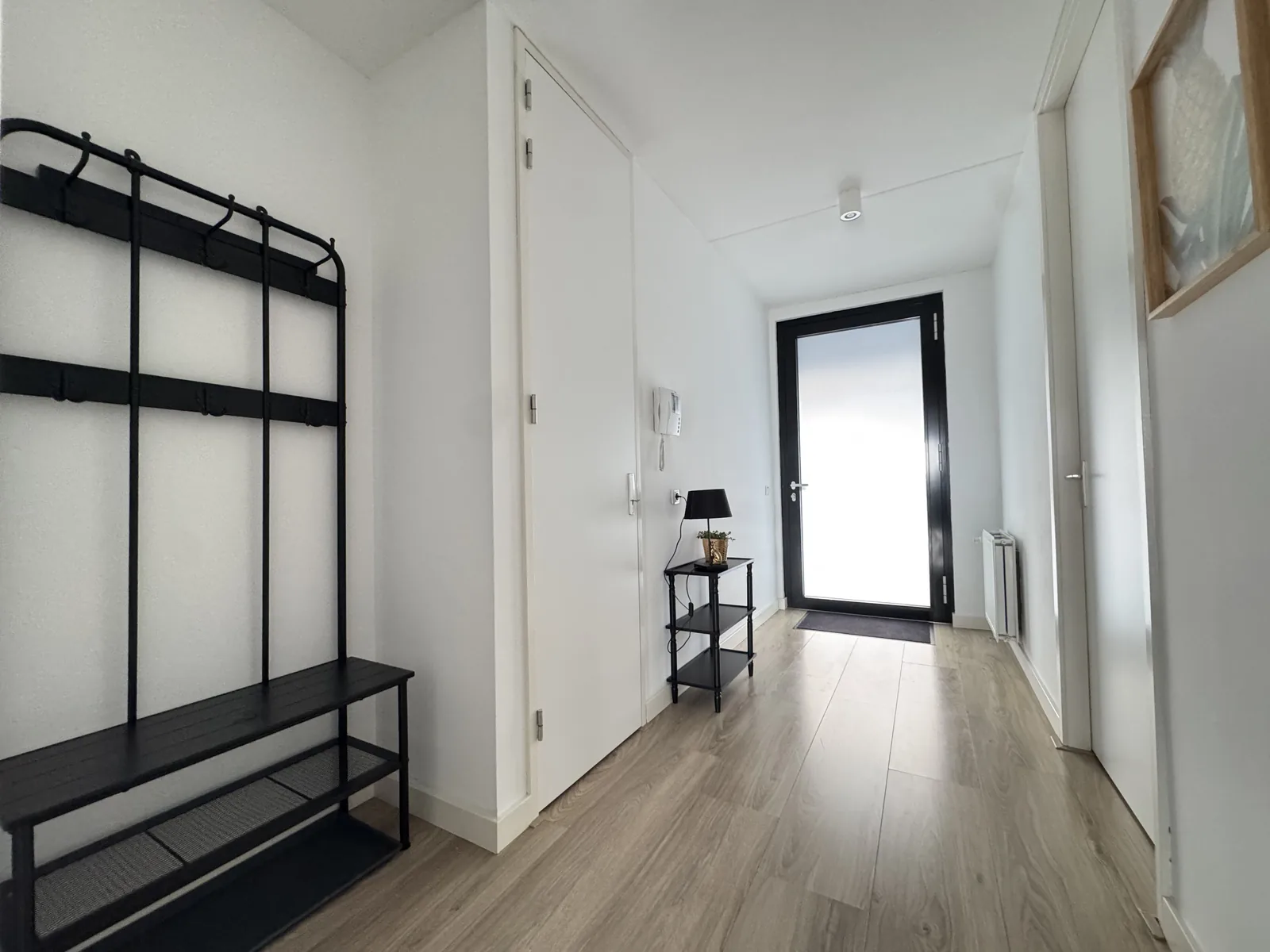 Entrance hall with industrial coat rack, storage closet, and natural light from glass door in Vredenburg apartment