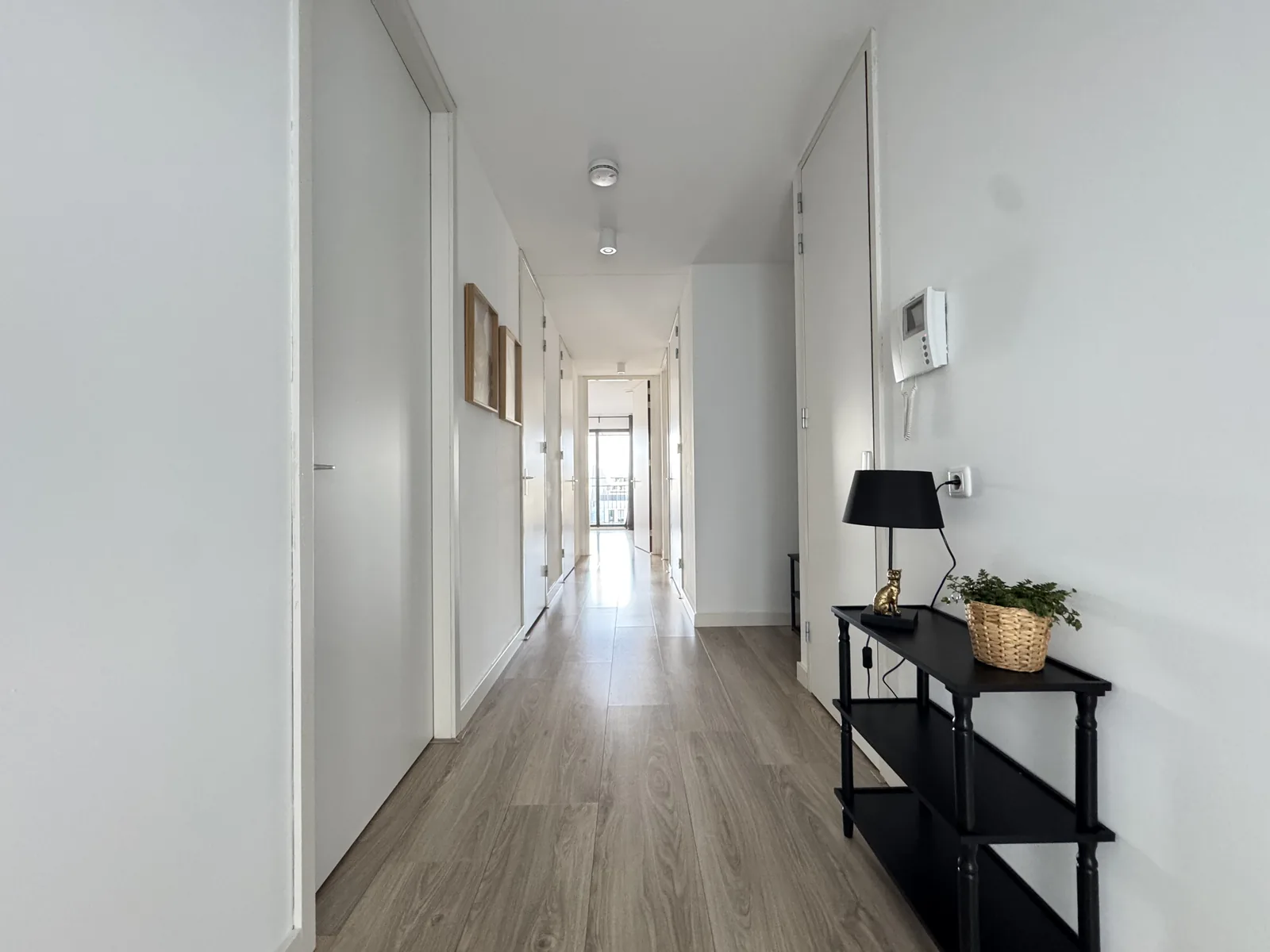 Bright entrance hallway with oak laminate flooring, console table, and intercom in Utrecht city centre apartment
